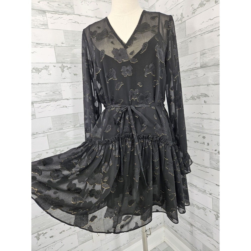 Allsaints Alia Flora Dress Black Sheer Overlay Gold Floral Patterns Women M - Picture 3 of 9